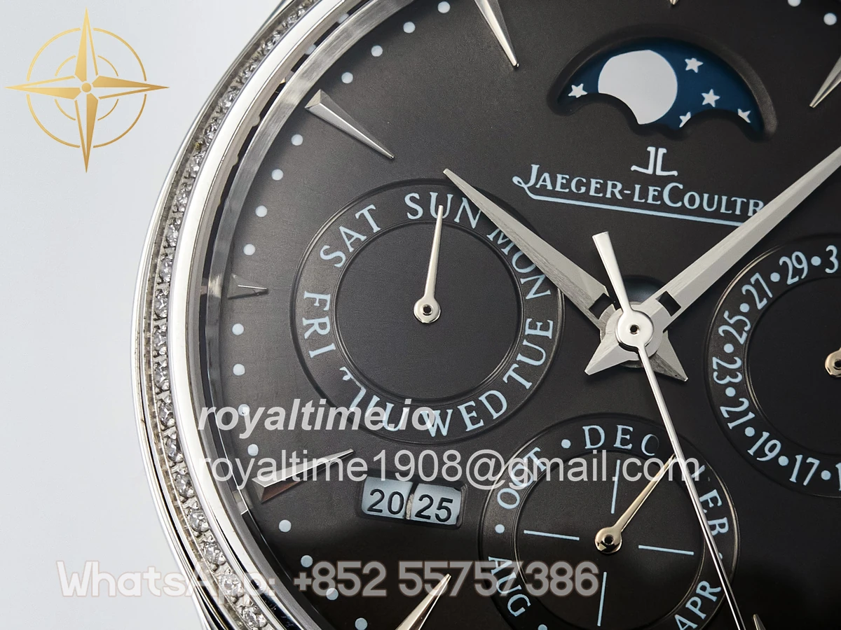 Jaeger-LeCoultre Master Ultra Thin Perpetual Calendar SS V9F Gray Dial Diamonds Bezel on Black Leather Strap A868 V2 - Image 12
