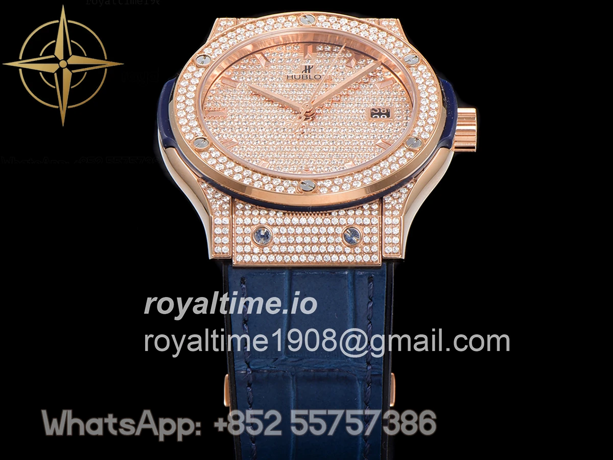 Hublot Classic Fusion Automatic 42mm Diamond Paved Dial in Rose Gold on Blue Leather Strap - Image 13