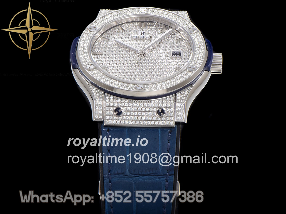 Hublot Classic Fusion Automatic 42mm Diamond Paved Dial in Steel on Blue Leather Strap - Image 13
