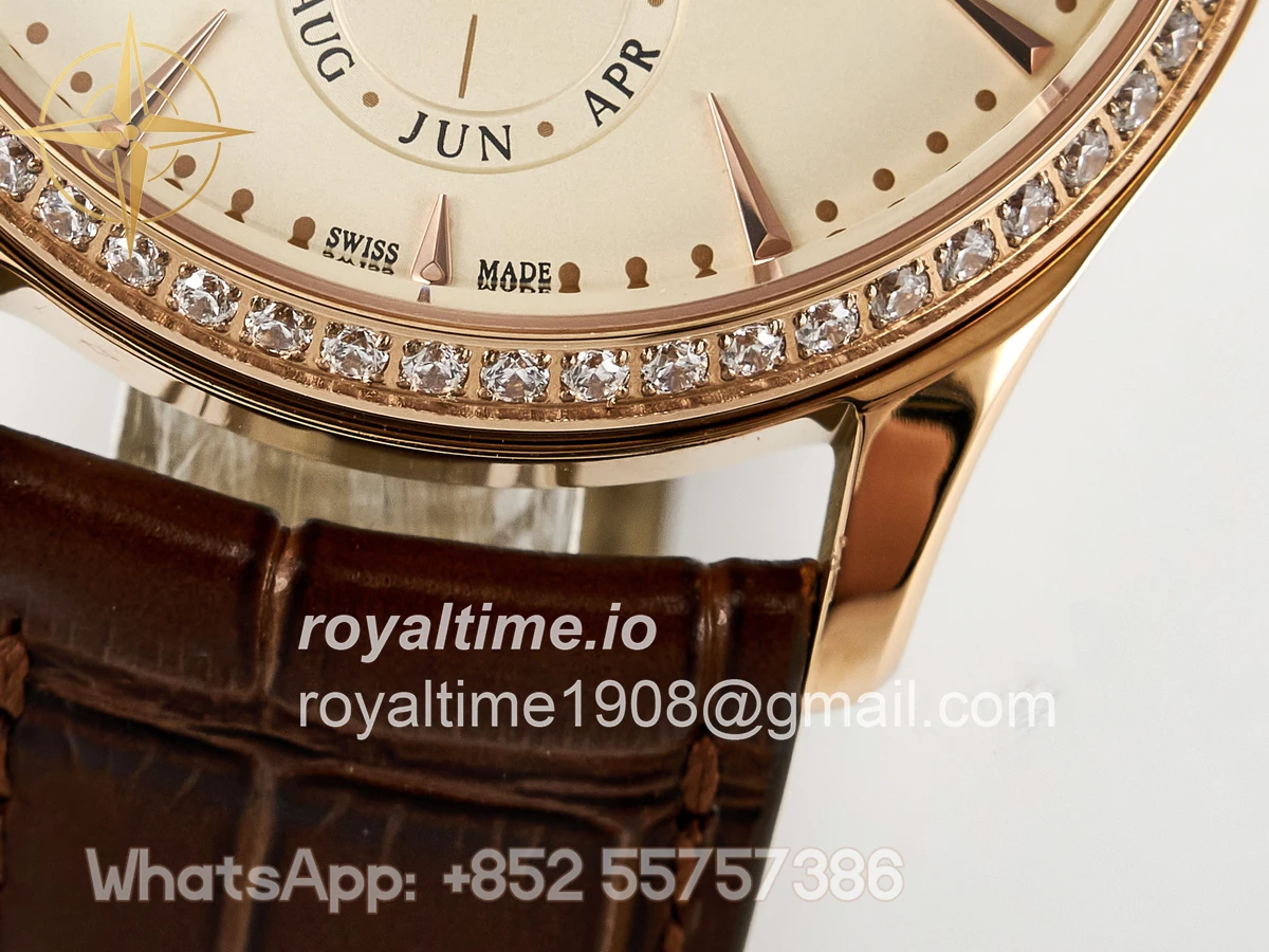 Jaeger-LeCoultre Master Ultra Thin Perpetual Calendar RG V9F Cream Dial Diamonds Bezel on Brown Leather Strap A868 V2 - Image 13
