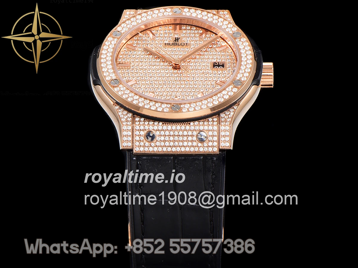 Hublot Classic Fusion Automatic 42mm Diamond Paved Dial in Rose Gold on Black Leather Strap - Image 14