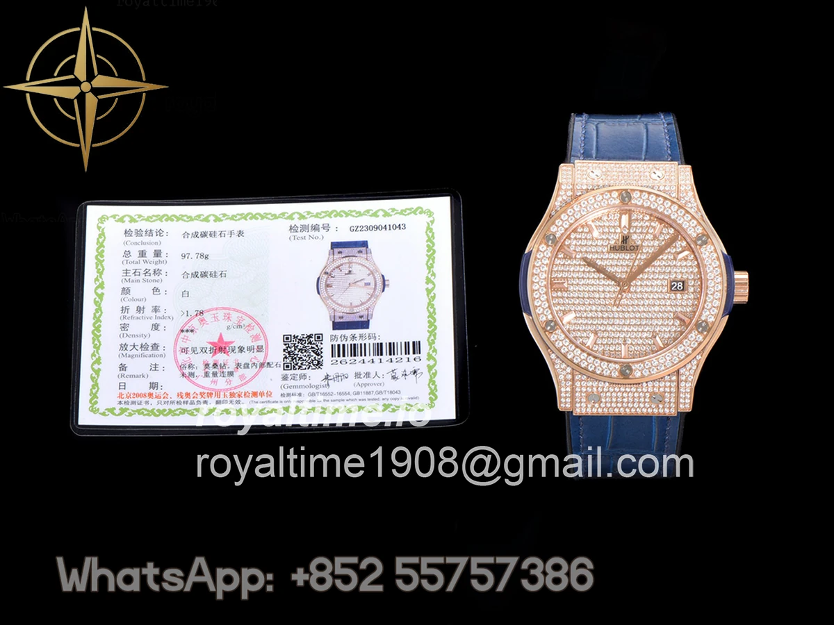 Hublot Classic Fusion Automatic 42mm Diamond Paved Dial in Rose Gold on Blue Leather Strap - Image 18