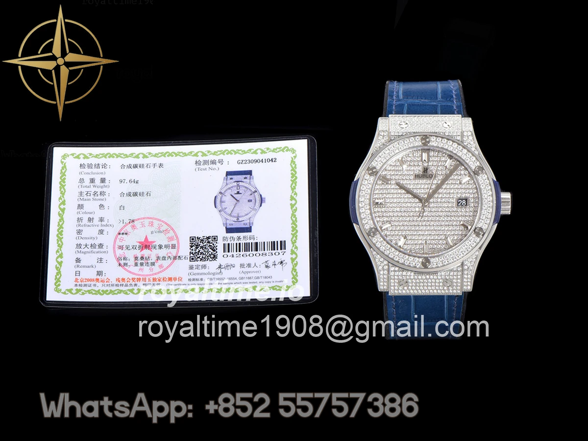 Hublot Classic Fusion Automatic 42mm Diamond Paved Dial in Steel on Blue Leather Strap - Image 18