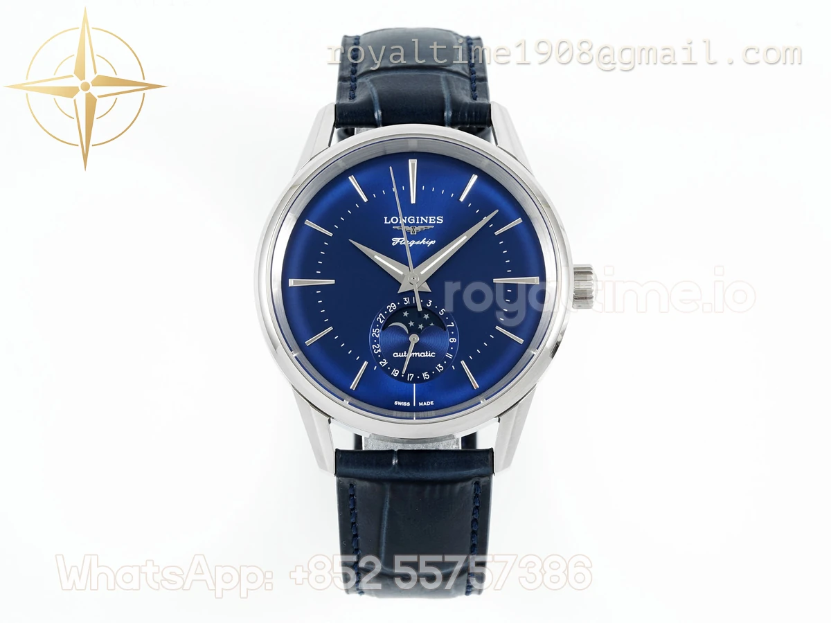 Longines APSF Flagship Heritage Moonphase SS Blue Dial Stick Markers on Blue Leather Strap A2892 - Image 2