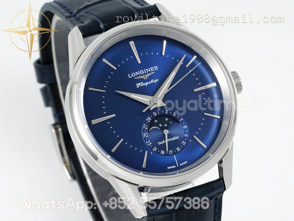 Longines APSF Flagship Heritage Moonphase SS Blue Dial Stick Markers on Blue Leather Strap A2892 - Image 3
