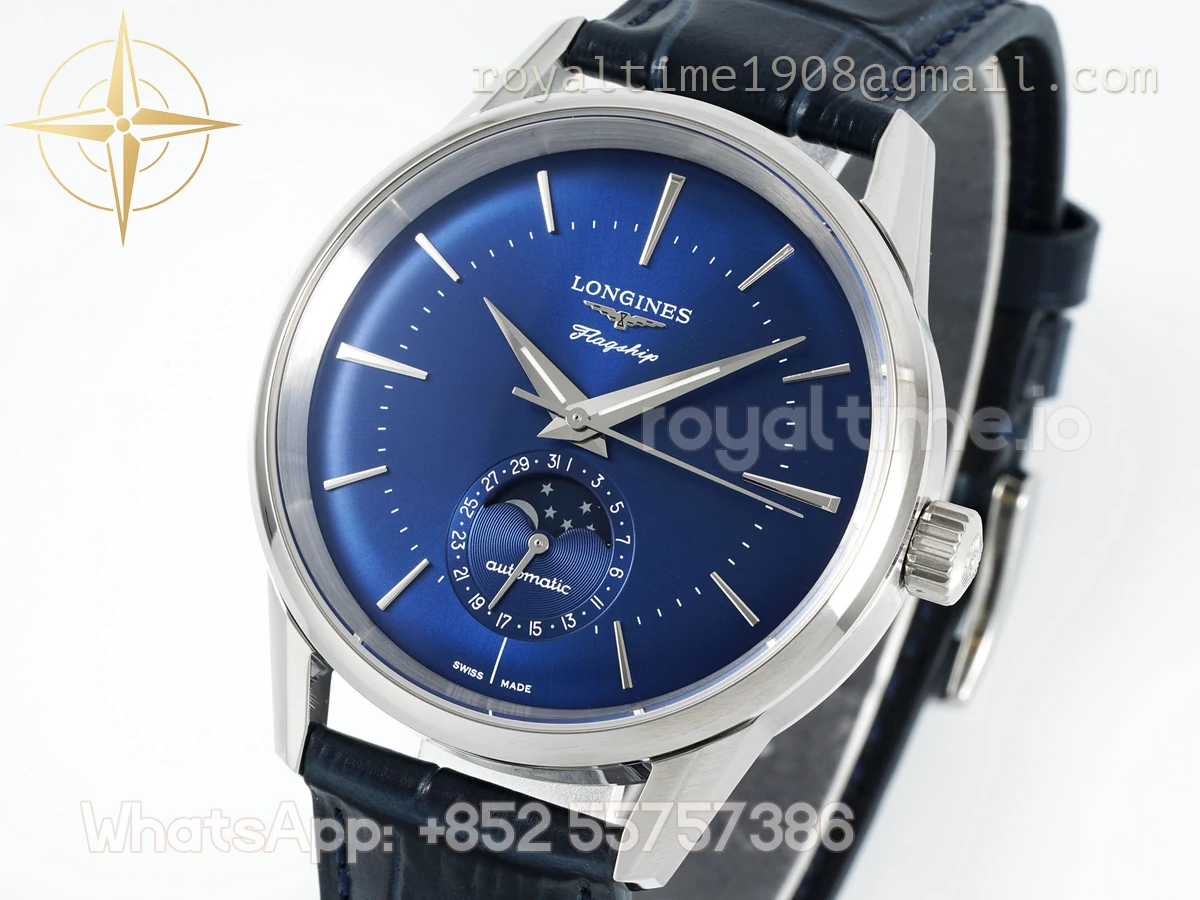 Longines APSF Flagship Heritage Moonphase SS Blue Dial Stick Markers on Blue Leather Strap A2892 - Image 4