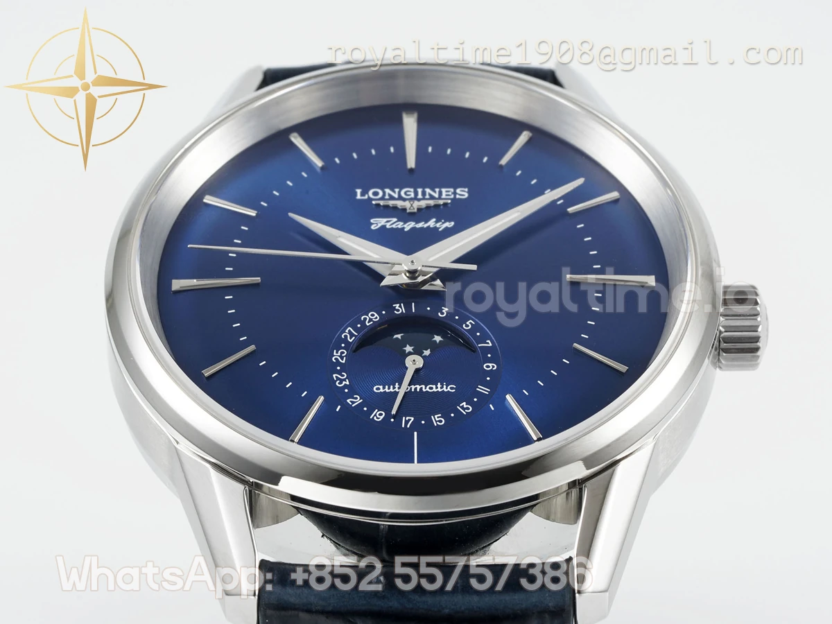 Longines APSF Flagship Heritage Moonphase SS Blue Dial Stick Markers on Blue Leather Strap A2892 - Image 5