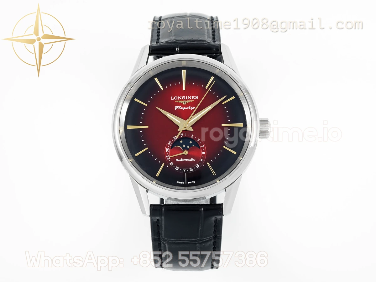 Longines APSF Flagship Heritage Moonphase SS Red Dial on Black Leather Strap A2892 - Image 6
