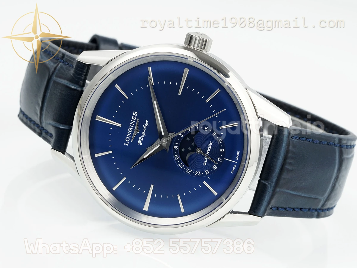 Longines APSF Flagship Heritage Moonphase SS Blue Dial Stick Markers on Blue Leather Strap A2892 - Image 6
