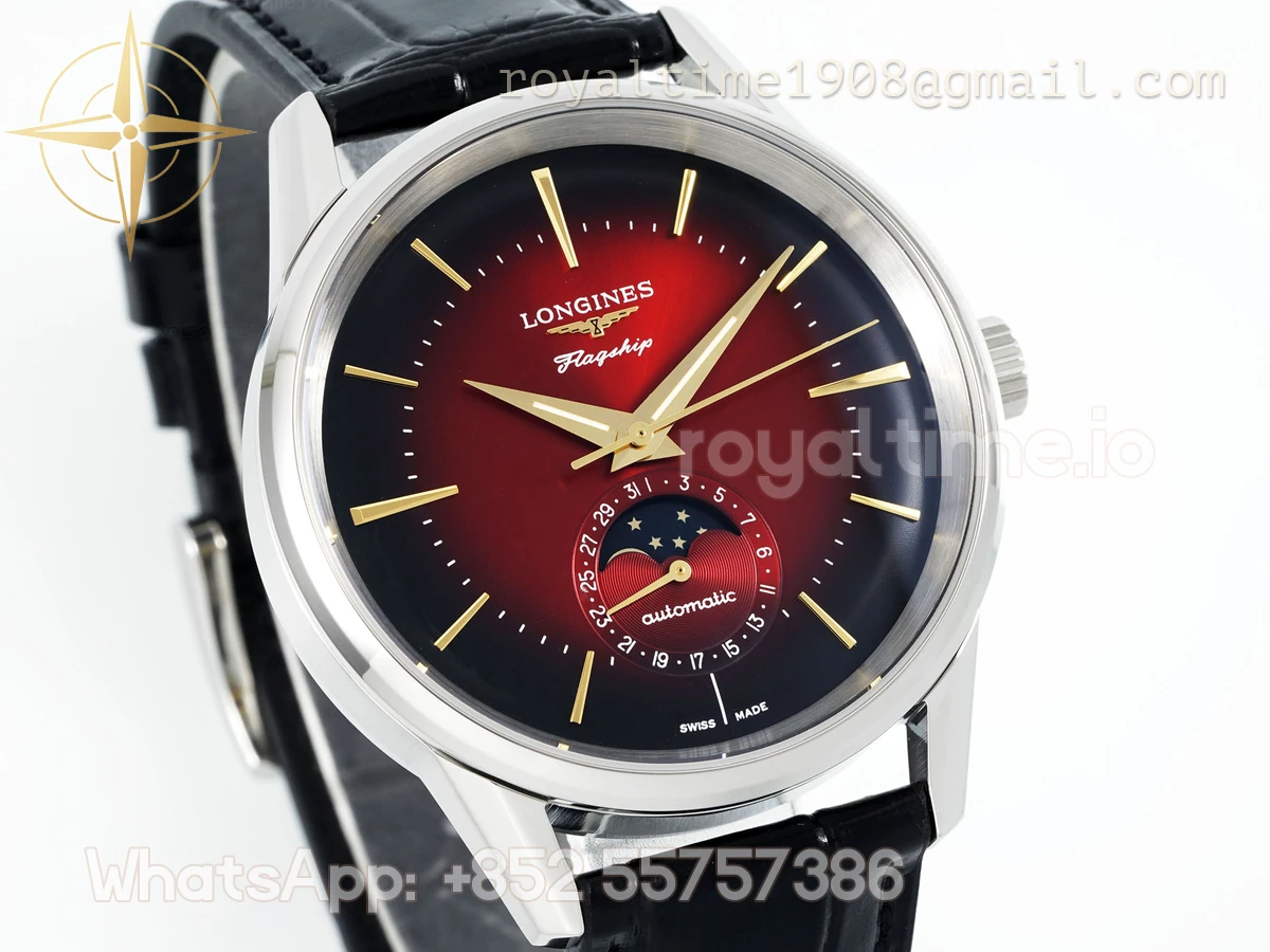 Longines APSF Flagship Heritage Moonphase SS Red Dial on Black Leather Strap A2892 - Image 2