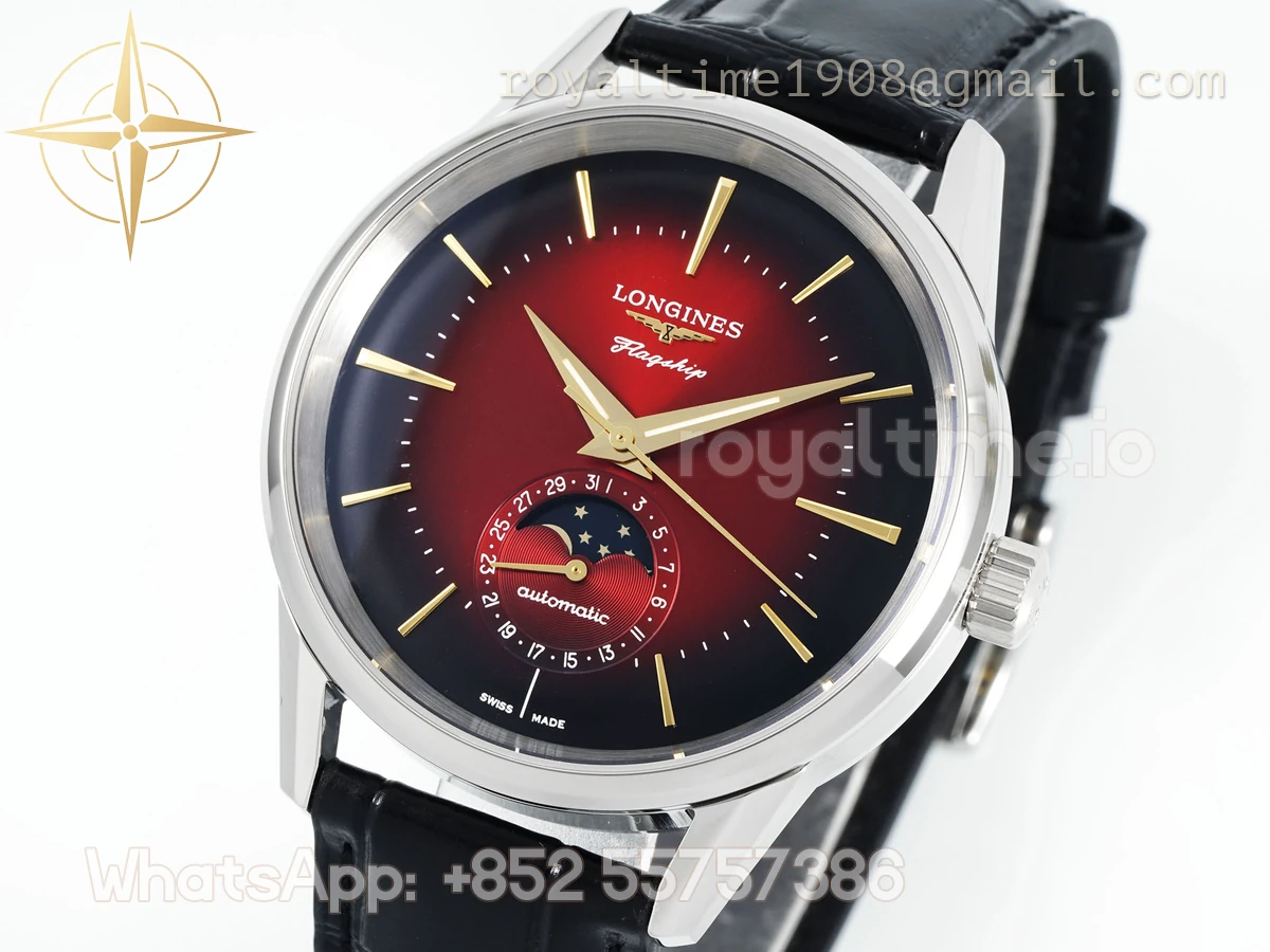 Longines APSF Flagship Heritage Moonphase SS Red Dial on Black Leather Strap A2892 - Image 7