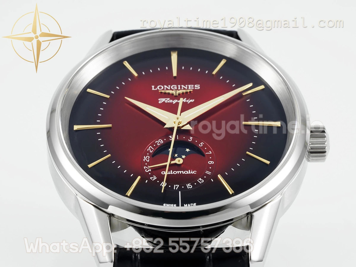 Longines APSF Flagship Heritage Moonphase SS Red Dial on Black Leather Strap A2892 - Image 8