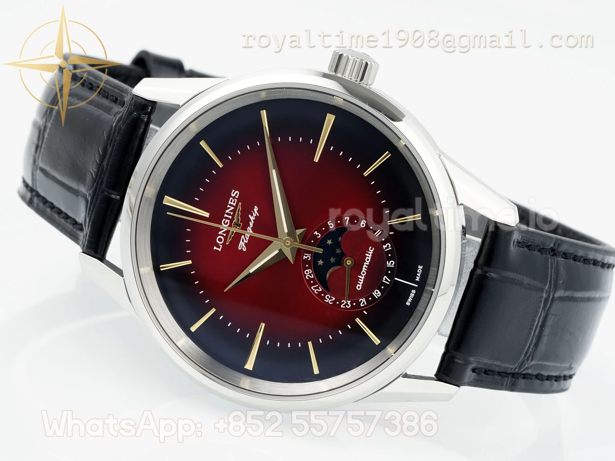 Longines APSF Flagship Heritage Moonphase SS Red Dial on Black Leather Strap A2892 - Image 9