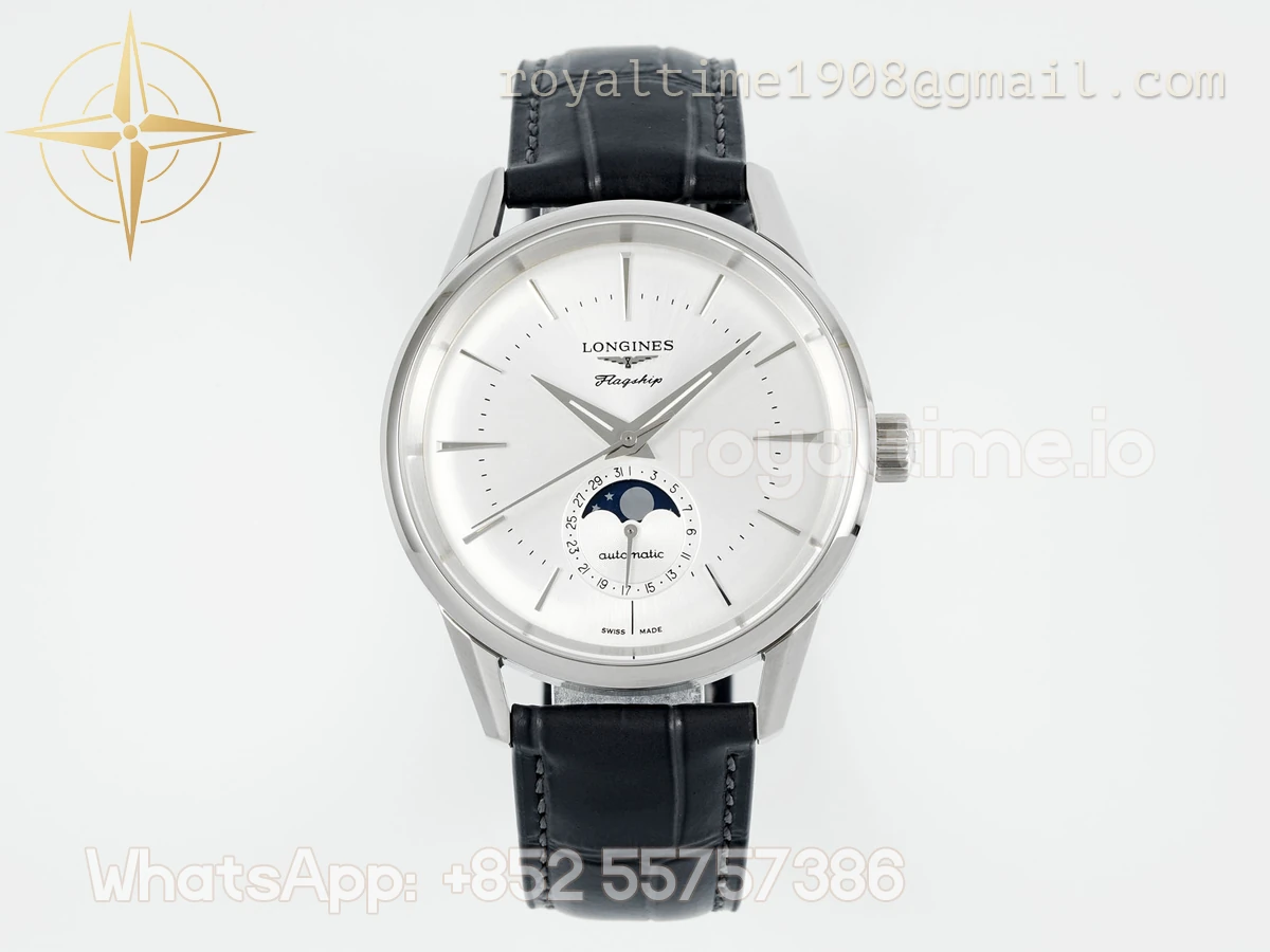 Longines APSF Flagship Heritage Moonphase SS White Dial on Black Leather Strap A2892 Super Clone - Image 2