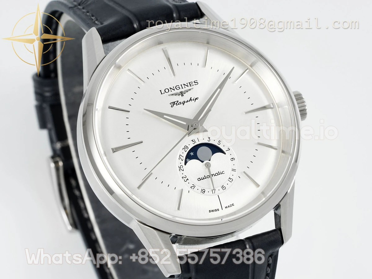 Longines APSF Flagship Heritage Moonphase SS White Dial on Black Leather Strap A2892 Super Clone - Image 3