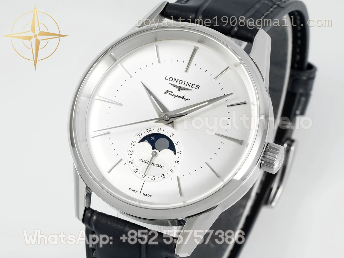 Longines APSF Flagship Heritage Moonphase SS White Dial on Black Leather Strap A2892 Super Clone - Image 4