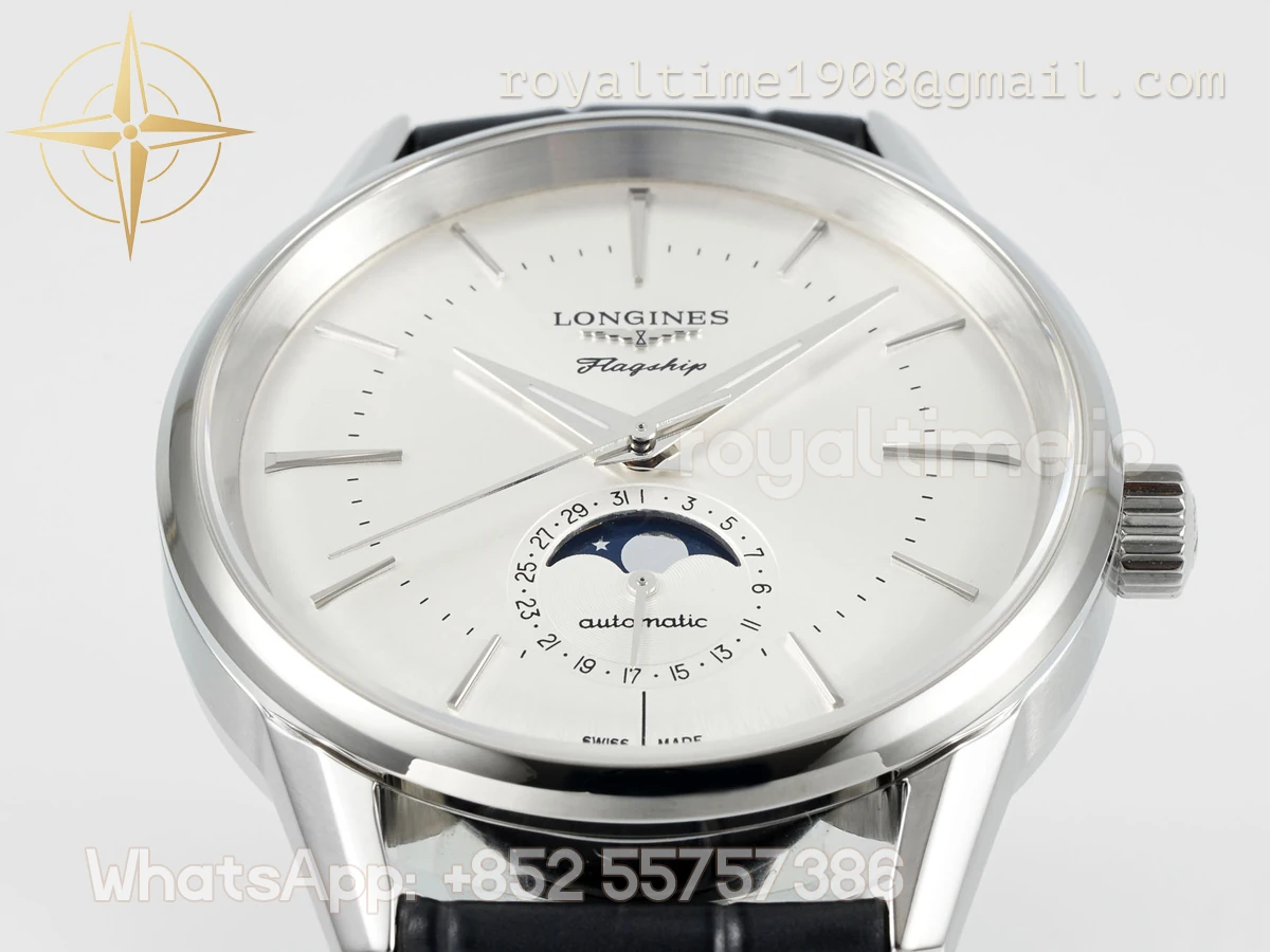 Longines APSF Flagship Heritage Moonphase SS White Dial on Black Leather Strap A2892 Super Clone - Image 5