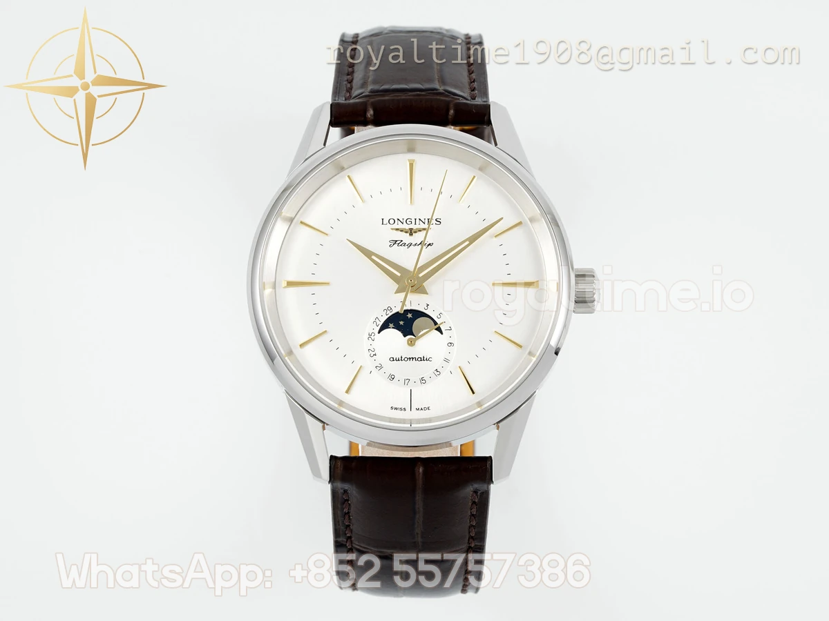 Longines APSF Flagship Heritage Moonphase Silver YG Dial on Brown Leather Strap A2892 - Image 2