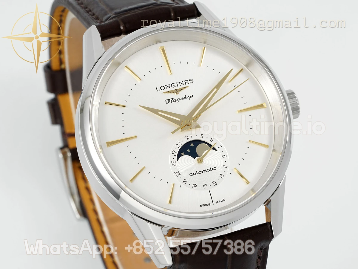 Longines APSF Flagship Heritage Moonphase Silver YG Dial on Brown Leather Strap A2892 - Image 3