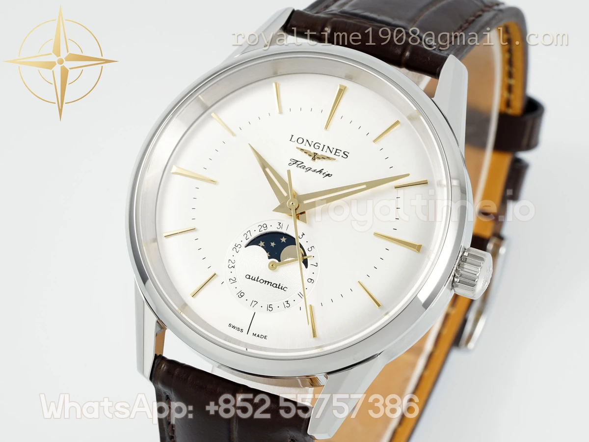 Longines APSF Flagship Heritage Moonphase Silver YG Dial on Brown Leather Strap A2892 - Image 4