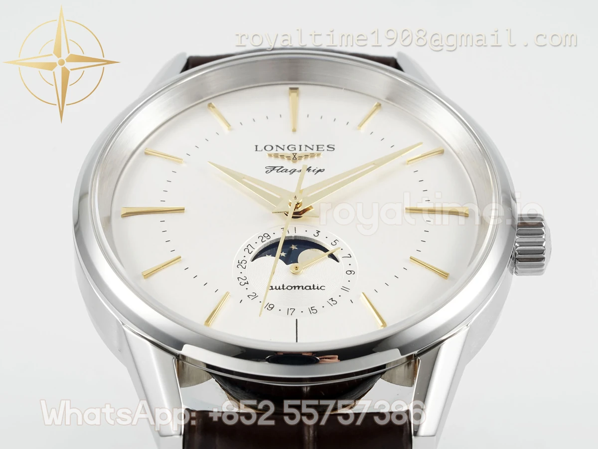 Longines APSF Flagship Heritage Moonphase Silver YG Dial on Brown Leather Strap A2892 - Image 5
