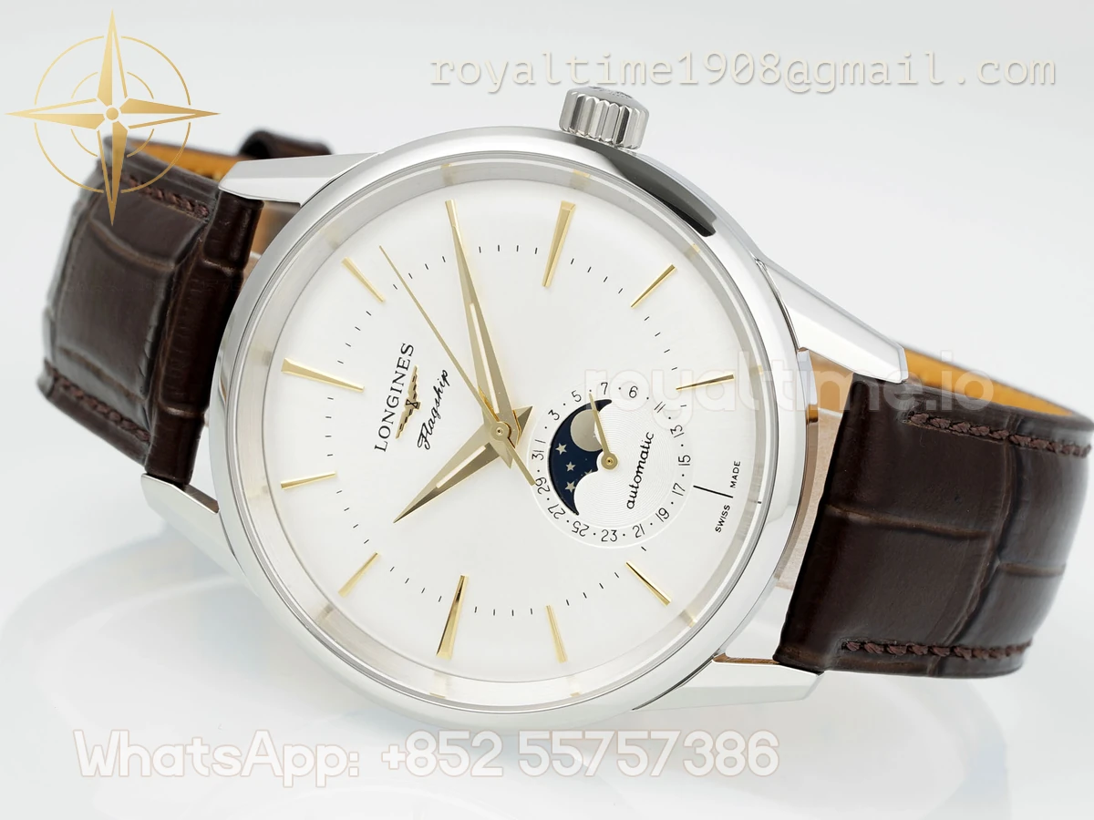 Longines APSF Flagship Heritage Moonphase Silver YG Dial on Brown Leather Strap A2892 - Image 6