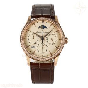 Jaeger-LeCoultre Master Ultra Thin Perpetual Calendar RG V9F Cream Dial Diamonds Bezel on Brown Leather Strap A868 V2