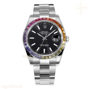Datejust 41 Black Dial Stick Markers with Rainbow Diamond Bezel in Steel on Oyster Bracelet