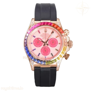 Blaken Daytona Pink Dial with Rainbow Diamond Bezel in Rose Gold on Rubber Strap