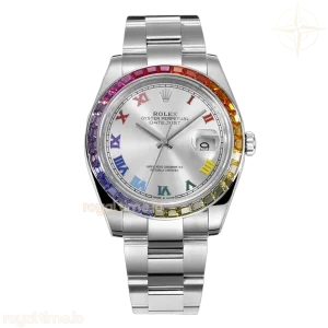 Datejust 41 Silver Dial Roman Markers with Rainbow Diamond Bezel in Steel on Oyster Bracelet