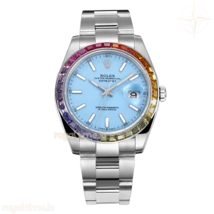 Datejust 41 Tiffany Blue Dial Stick Markers with Rainbow Diamond Bezel in Steel on Oyster Bracelet