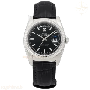 Day-Date 36 Black Dial in White Gold on Leather Strap