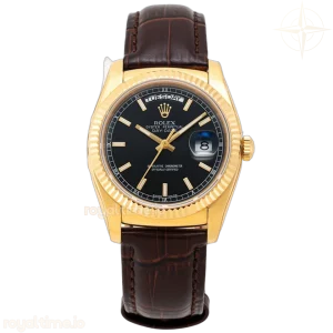 Day-Date 36 Black Dial in Yellow Gold on Leather Strap