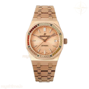 Audemars Piguet Royal Oak 15450ST 37mm Champagne Dial in Rose Gold with Rainbow Diamond Bezel