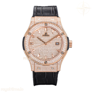 Hublot Classic Fusion Automatic 42mm Diamond Paved Dial in Rose Gold on Black Leather Strap