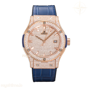 Hublot Classic Fusion Automatic 42mm Diamond Paved Dial in Rose Gold on Blue Leather Strap