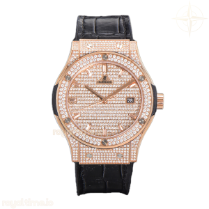 Hublot Classic Fusion Automatic 42mm Diamond Paved Dial in Rose Gold on Brown Leather Strap