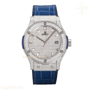 Hublot Classic Fusion Automatic 42mm Diamond Paved Dial in Steel on Blue Leather Strap