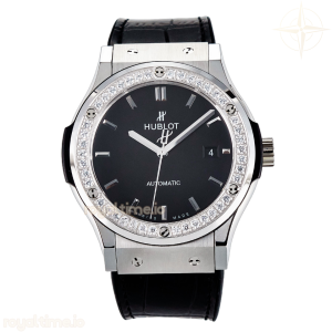 Hublot Classic Fusion Bang 42mm HBF Black Dial Diamonds Bezel on Black Leather Strap A2892