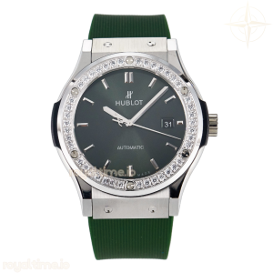 Hublot Classic Fusion Bang 42mm HBF Green Dial Diamonds Bezel on Green Rubber Strap A2892