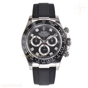 Daytona 116518LN Black Dial with Diamond Markers in White Gold on Rubber Strap