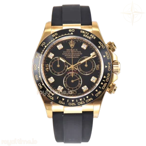 Daytona 116518LN Black Dial with Diamond Markers in Yellow Gold on Rubber Strap