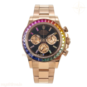 Custom Daytona 116595 RBOW Rainbow AVF Black/RG Diamonds Dial on RG Bracelet DD4130 (Weighted)