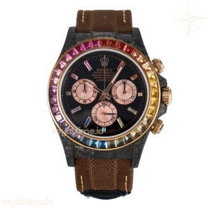 Daytona DIW Carbon Case DIWF Edition Black Dial Rainbow Diamonds Bezel on Brown Nylon Strap A7750
