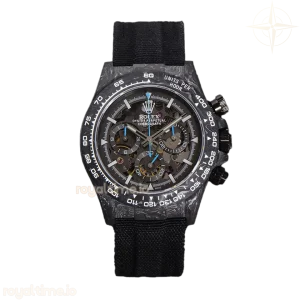 DIW Daytona Skeleton Dial in Carbon with Blue Hands on Black Nylon Strap