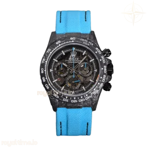 DIW Daytona Skeleton Dial in Carbon with Blue Hands on Blue Nylon Strap