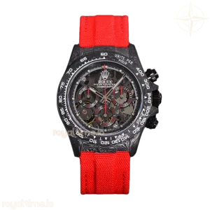 DIW Daytona Skeleton Dial in Carbon with Red Hands on Red Nylon Strap