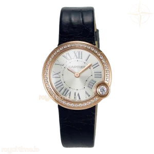Cartier Ballon Blanc De Cartier 30mm RG DRF Silvered Texture Dial Diamonds Bezel on Black Leather Strap Ronda Quartz