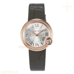 Cartier Ballon Blanc De Cartier 30mm RG DRF Silvered Texture Dial Diamonds Bezel on Green Leather Strap Ronda Quartz