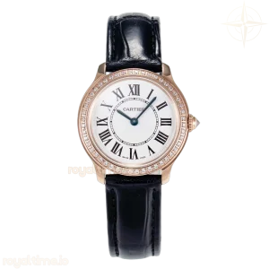 Cartier Ronde Louis Cartier 29mm RG DRF Sandblasted Beige Dial Diamonds Bezel on Black Leather Strap Ronda Quartz